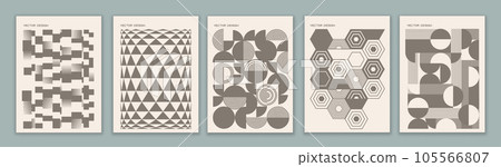 Poster cover template brochure with geometric figures of circles squares triangles hexagons and gray lines. Architecture. Backdrop in Bauhaus or Op-Art style. Editable vector background 105566807