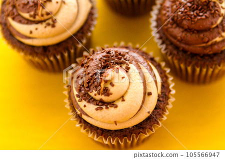 Gourmet chocolate caramel swirl cupcake with chocolate sprikles. Gourmet chocolate caramel swirl cupcake with chocolate sprikles. 105566947