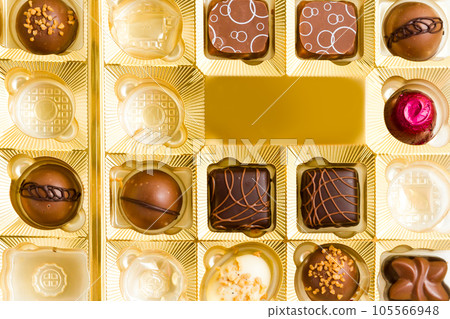 Gourmet chocolates in golden box on a white background. Gourmet chocolates in golden box on a white background. 105566948
