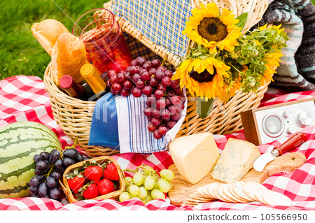 Summer picnic with a basket of food in the park. 105566950