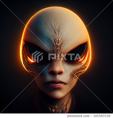 The head of a female alien creature on a dark background. Concept-Other worlds. AI-generated 105567230