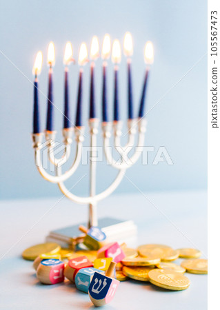 A still life composed of elements of the Jewish Chanukah/Hanukkah festival. A still life composed of elements of the Jewish Chanukah/Hanukkah festival. 105567473