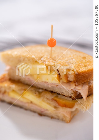 Freshly made provolone and apple grilled cheese sandwich. Freshly made provolone and apple grilled cheese sandwich. 105567580