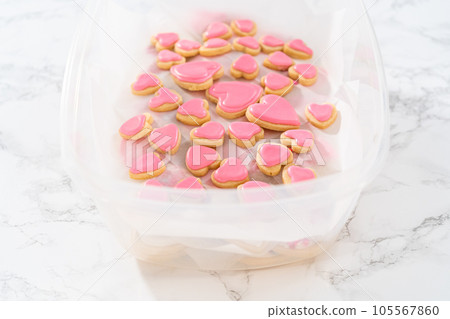 Storing heart-shaped sugar cookies with pink and white royal icing in a large plastic container. Storing heart-shaped sugar cookies with pink and white royal icing in a large plastic container. 105567860