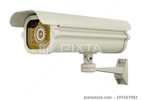 Security surveillance camera, white color. 3D rendering Security surveillance camera, white color. 3D rendering 105567982