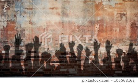 Shadow of the Hands, Arms and Fists of Protestors Against a Grungy Blank Brick Wall Ready for Your Text. 105568162