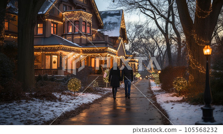 Couple Walking Among Beautifully Decorated Christmas Themed Houses on A Winter Evening. Couple Walking Among Beautifully Decorated Christmas Themed Houses on A Winter Evening. 105568232