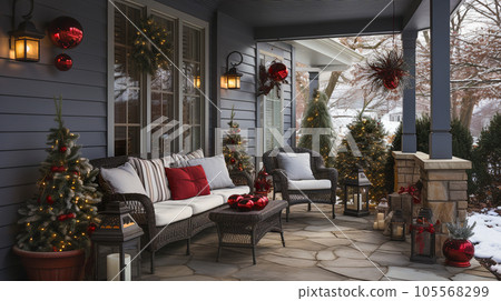 Beautiful Christmas Decorated Front Door and Porch of A House on A Winter Evening. Beautiful Christmas Decorated Front Door and Porch of A House on A Winter Evening. 105568299