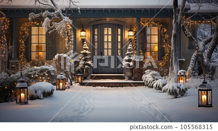 Beautiful Christmas Decorated Front Door and Porch of A House on A Winter Evening. Beautiful Christmas Decorated Front Door and Porch of A House on A Winter Evening. 105568315