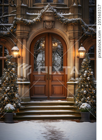 Beautiful Christmas Decorated Front Door and Porch of A House on A Winter Evening. Beautiful Christmas Decorated Front Door and Porch of A House on A Winter Evening. 105568317