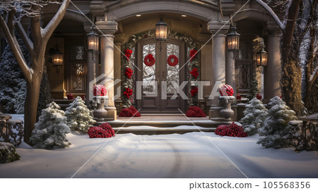 Beautiful Christmas Decorated Front Door and Porch of A House on A Winter Evening. 105568356