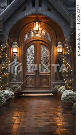 Beautiful Christmas Decorated Front Door and Porch of A House on A Winter Evening. Beautiful Christmas Decorated Front Door and Porch of A House on A Winter Evening. 105568374