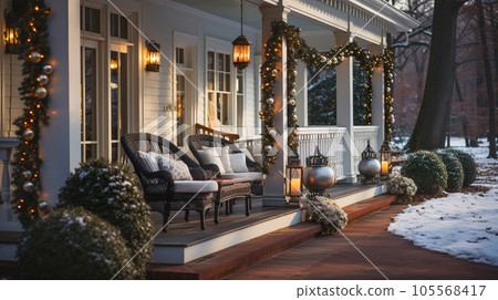 Beautiful Christmas Decorated Front Door and Porch of A House on A Winter Evening. 105568417