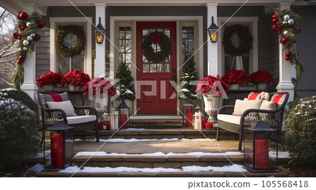Beautiful Christmas Decorated Front Door and Porch of A House on A Winter Evening. 105568418