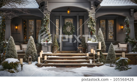 Beautiful Christmas Decorated Front Door and Porch of A House on A Winter Evening. Beautiful Christmas Decorated Front Door and Porch of A House on A Winter Evening. 105568426