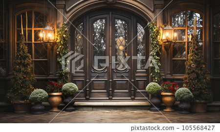 Beautiful Christmas Decorated Front Door and Porch of A House on A Winter Evening. Beautiful Christmas Decorated Front Door and Porch of A House on A Winter Evening. 105568427