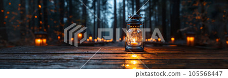 Warm and Inviting Lit Vintage Lantern Resting on Wood Planks Base Outdoors In A Winter Setting. Warm and Inviting Lit Vintage Lantern Resting on Wood Planks Base Outdoors In A Winter Setting. 105568447