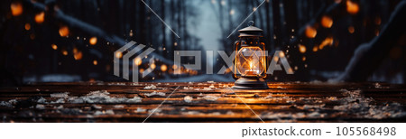 Warm and Inviting Lit Vintage Lantern Resting on Wood Planks Base Outdoors In A Winter Setting. Warm and Inviting Lit Vintage Lantern Resting on Wood Planks Base Outdoors In A Winter Setting. 105568498