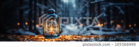 Warm and Inviting Lit Vintage Lantern Resting on Wood Planks Base Outdoors In A Winter Setting. 105568499