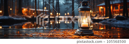 Warm and Inviting Lit Vintage Lantern Resting on Wood Planks Base Outdoors In A Winter Lake Cabin Setting. 105568500