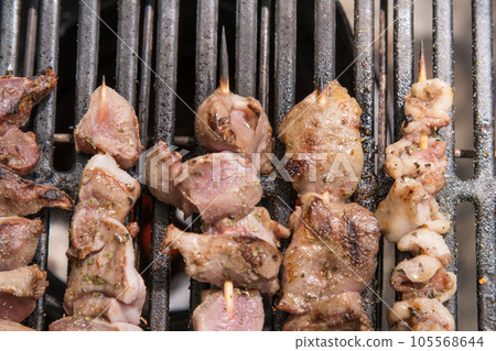 [Solo camping at an auto campsite Grilling yakitori tongue, hearts, and gizzards over an open fire] 105568644