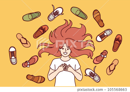 Happy teenage girl lies among shoes scattered on floor, choosing what to wear for walk in park 105568663