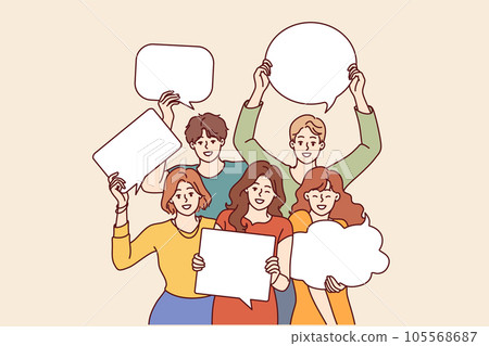 People with speech bubbles in hands are invited to visit conversation club and exchange opinions 105568687