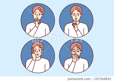 Emotional man with different moods shows thoughtful or frightened grimace and calls for silence 105568691