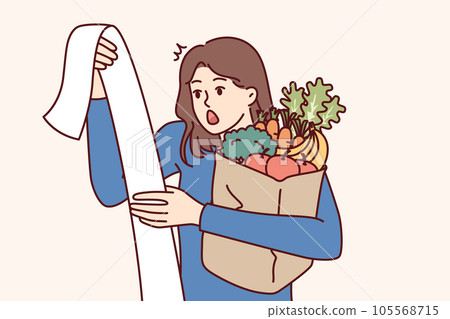 Woman with cashier check and bag of groceries surprised by increase in prices due to inflation 105568715