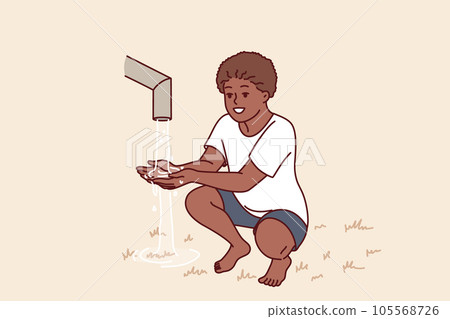 African boy sits near clean water faucet, rejoicing at opportunity to quench thirst during drought African boy sits near clean water faucet, rejoicing at opportunity to quench thirst during drought 105568726