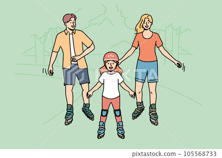 Happy family roller skating in park enjoying joint activity on nature in warm summer weather 105568733