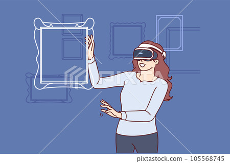 Woman in VR headset stands among virtual paintings visiting digital museum with art exhibition Woman in VR headset stands among virtual paintings visiting digital museum with art exhibition 105568745