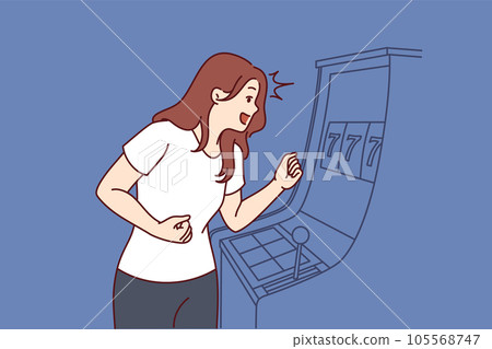 Happy woman plays slot machines and rejoices after winning jackpot in Las Vegas casino 105568747