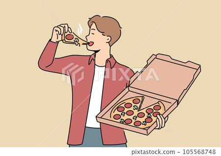 Man bites into pizza and holds box from italian pizzeria, enjoying taste of fresh food Man bites into pizza and holds box from italian pizzeria, enjoying taste of fresh food 105568748