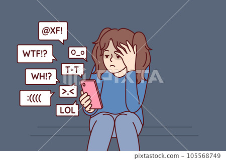 Little girl with phone suffers from bullying on social networks and angry comments Little girl with phone suffers from bullying on social networks and angry comments 105568749