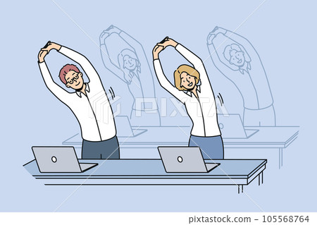 Office workers do exercises standing at workplaces and stretching arms up to increase productivity 105568764