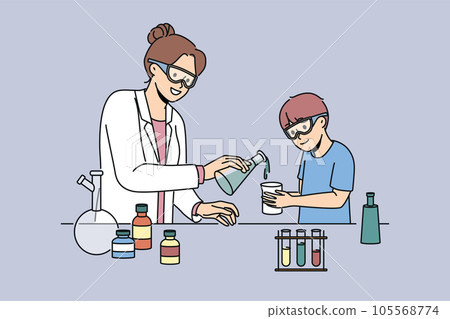 Woman teacher of chemistry teaches boy to conduct laboratory experiments and mix reagents Woman teacher of chemistry teaches boy to conduct laboratory experiments and mix reagents 105568774