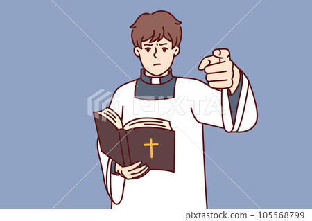 Catholic priest holding bible and reading sermons for guests of church, dressed in white priest robe Catholic priest holding bible and reading sermons for guests of church, dressed in white priest robe 105568799