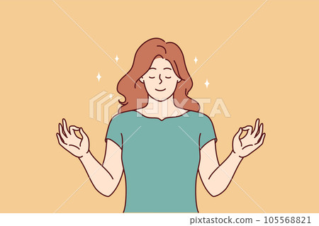 Serene woman meditating making mudra gesture and practicing yoga to bring thoughts in order Serene woman meditating making mudra gesture and practicing yoga to bring thoughts in order 105568821