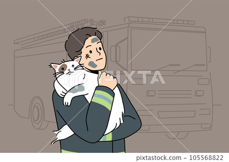Man firefighter with cat heroically rescued from burning house stands near fire truck and hugs pet 105568822