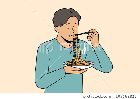 Asian man eats ramen with chinese sticks, enjoying taste of traditional national meal 105568825