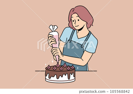 Woman confectioner prepares delicious cake for birthday party and decorates chocolate dessert 105568842