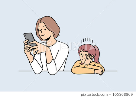 Busy mother does not pay attention to child, being addicted to phone and forgetting about daughter Busy mother does not pay attention to child, being addicted to phone and forgetting about daughter 105568869