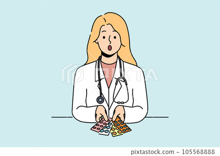 Surprised woman doctor with pills in blisters feels distrustful of drugs that can harm patient Surprised woman doctor with pills in blisters feels distrustful of drugs that can harm patient 105568888