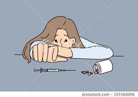 Woman addicted to drugs reaches for syringe or pills to forget about financial problems 105568896