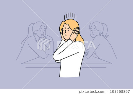 Woman covers ears by refusing to listen to statements of toxic colleagues and ignoring criticism 105568897