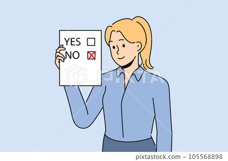 Woman voter demonstrates ballot for presidential elections or referendum with chosen answer no 105568898