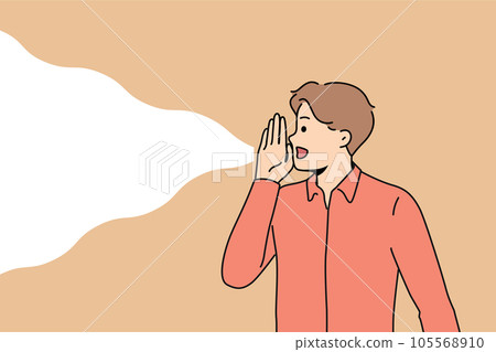 Man screams loudly putting hand to mouth instead of gramophone to communicate important information 105568910