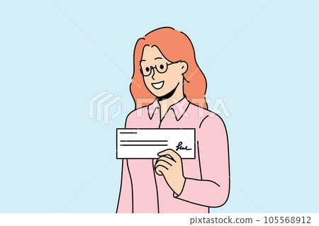 Woman with paycheck in hand smiles demonstrating financial document confirming receipt of salary 105568912