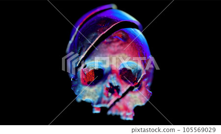 Dissected or Sliced skull on a black background. Blue and pink backlit. Depth of field. Digital dot skull. Deep gaze. 3D style. 105569029